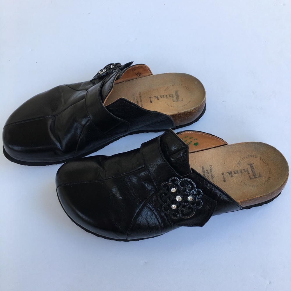 Think! Leather Clogs Mules Slip On Shoes Black